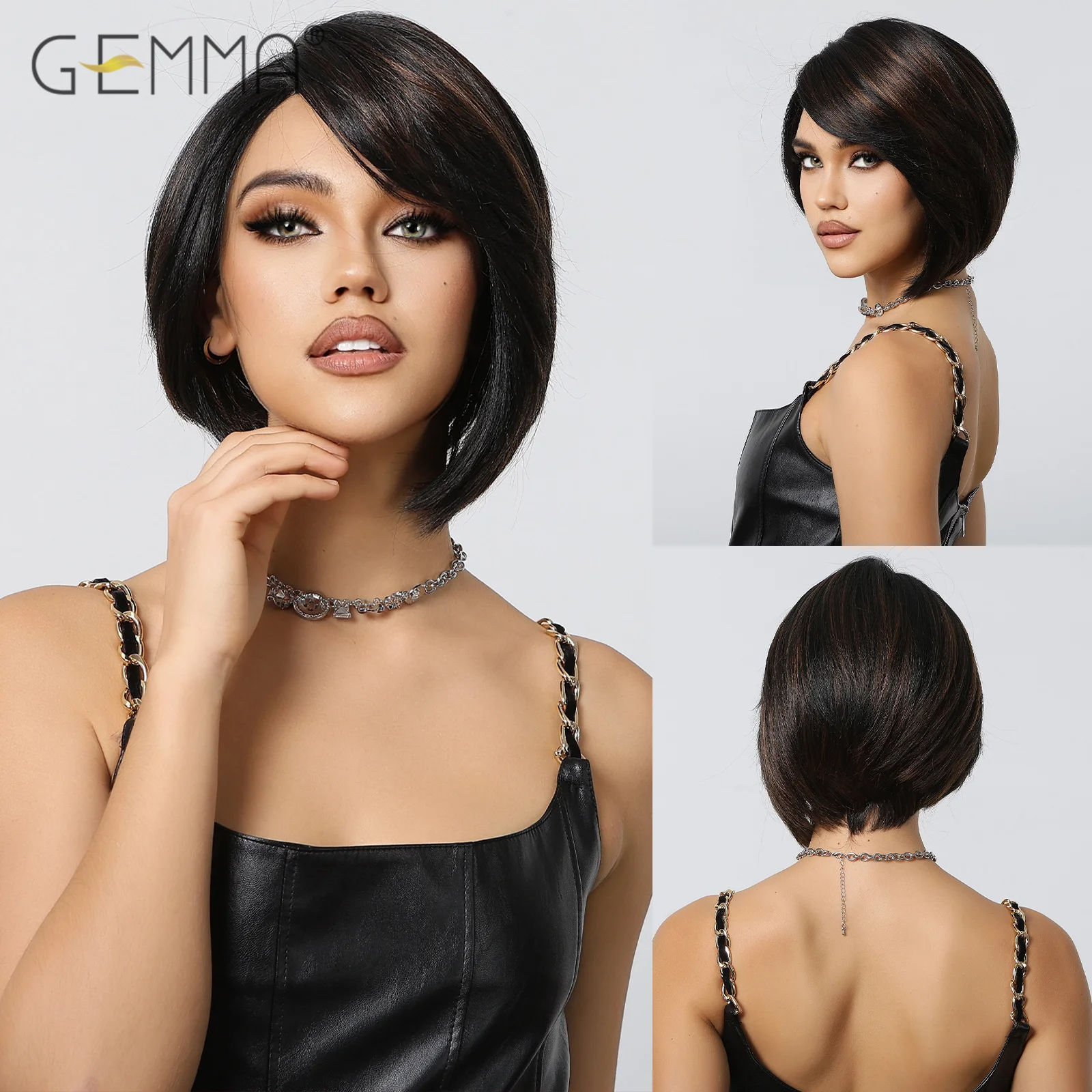 Short Straight Synthetic Black Brown Lace Front Wig Side Part Bob Wig for Women Lace Frontal Daily Use Fake Hair Heat Resistant