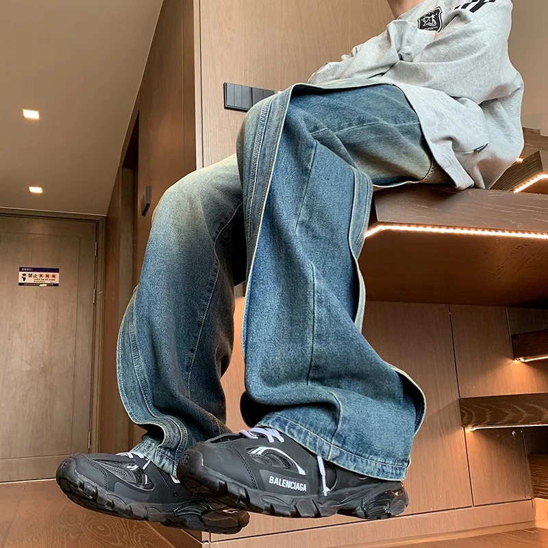 

Осень-зима, очень большой размер 300, американские ретро уличные лоскутные мужские свободные прямые широкие джинсы с завышенной талией