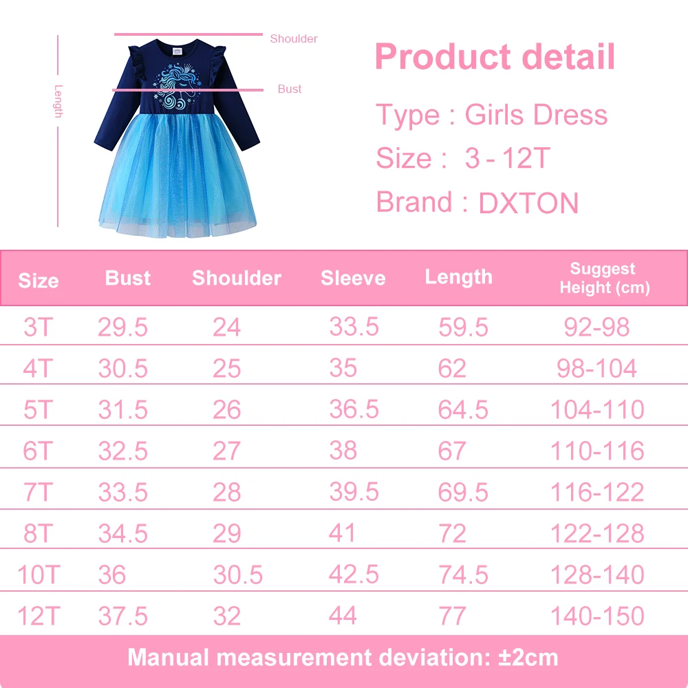 DXTON Children Long Sleeve Tulle Dresses School Celebration Toddler Girls Dress-Up Paly Gauze Cotton Kids Dress Cartoon Clothing 6