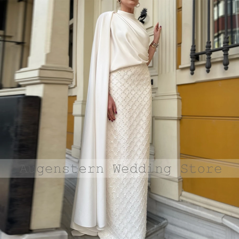Customized Saudi Arabia White Dresses Satin Column Wedding Party Gowns Ivory High Collar Draped Beads Modern Wedding Dress