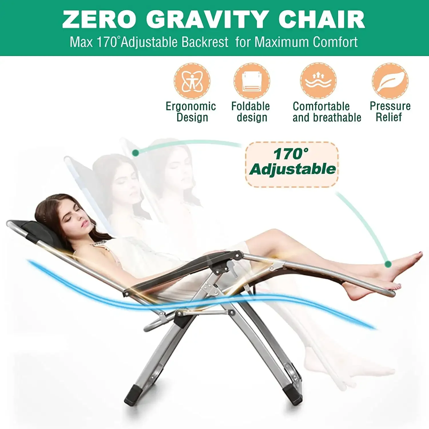Zero Gravity Chair, Folding Adjustable 1 Indoor Reclining Lounge Chair with Removable Cushion, Headrest and Cup Holder image 2