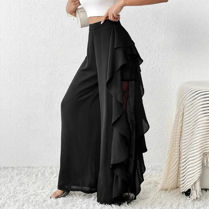 Wide Leg Pants Women Autumn Spliced Ruffles Lace Sheer Mesh Irregular Black Elegant Pants Office Lady Commuter Tierred Trousers