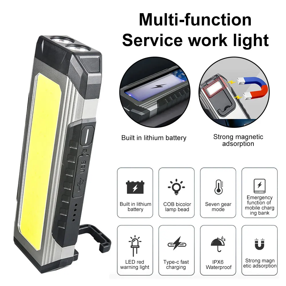 XPE LED Flashlight COB Work Light with Magnet Emergency Camping Flashlight TYPE-C Charging Torch Power Bank Car Repair Light