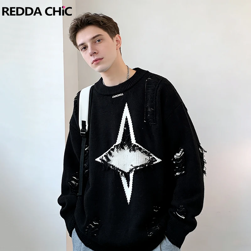 

REDDACHIC Raw Edge Star Men's Pullover Sweater Black Crew Neck Long Sleeve Casual Ripped Holes Jumper Top Hip Hop Everyday Wear