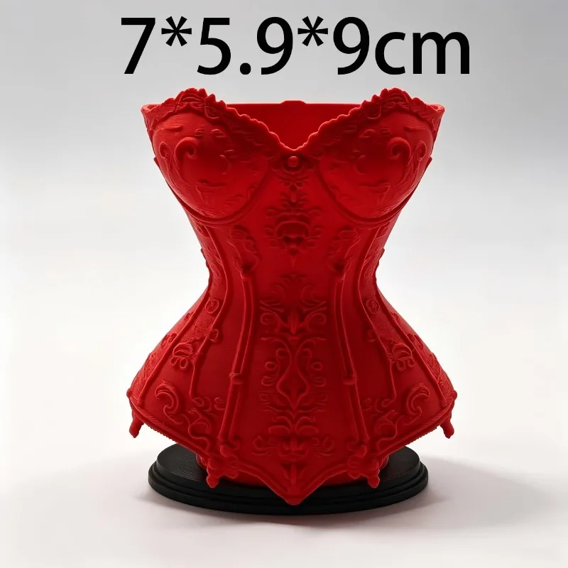 3D Printed Red Corset Makeup Brush Holder Vintage Lace Pattern Cosmetic Storage Cup Vanity Table Decor Ladies Dresser Organizer