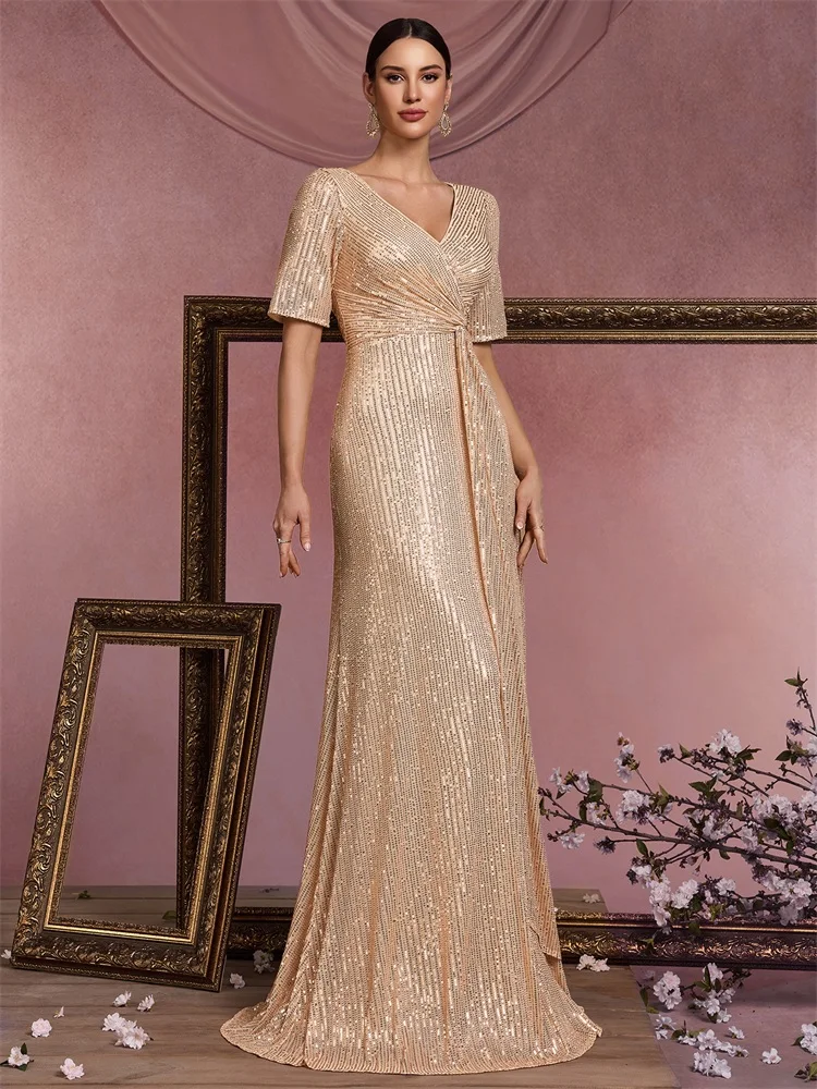 Abiti da sera di lusso con scollo a V lunghi fino al pavimento Abiti da cocktail da ballo con maniche corte e paillettes eleganti da donna