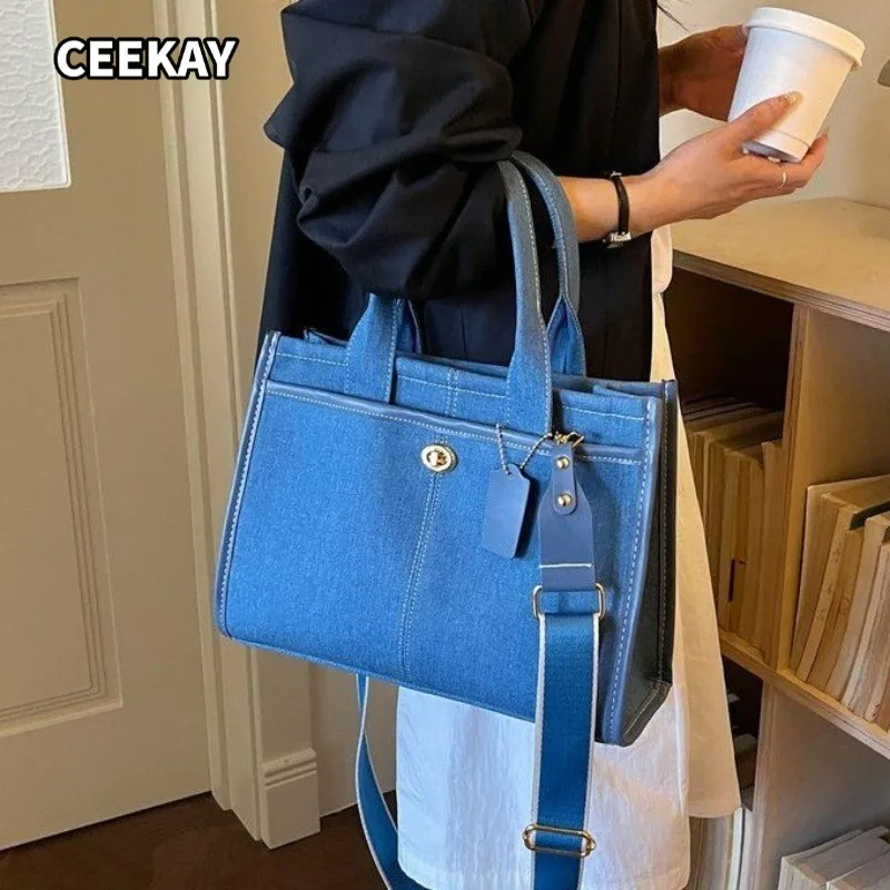 CEEKAY Dark Blue Denim PU Trim Large Capacity Handheld Bag Metal Buckle Decor Adjustable Wide Shoulder Strap Casual Handbag