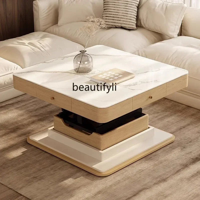 

32 Журнальный столик, стол для маджонга, обеденный стол из каменной плиты, встроенный бытовой подъемный многофункциональный простой стол из цельного дерева