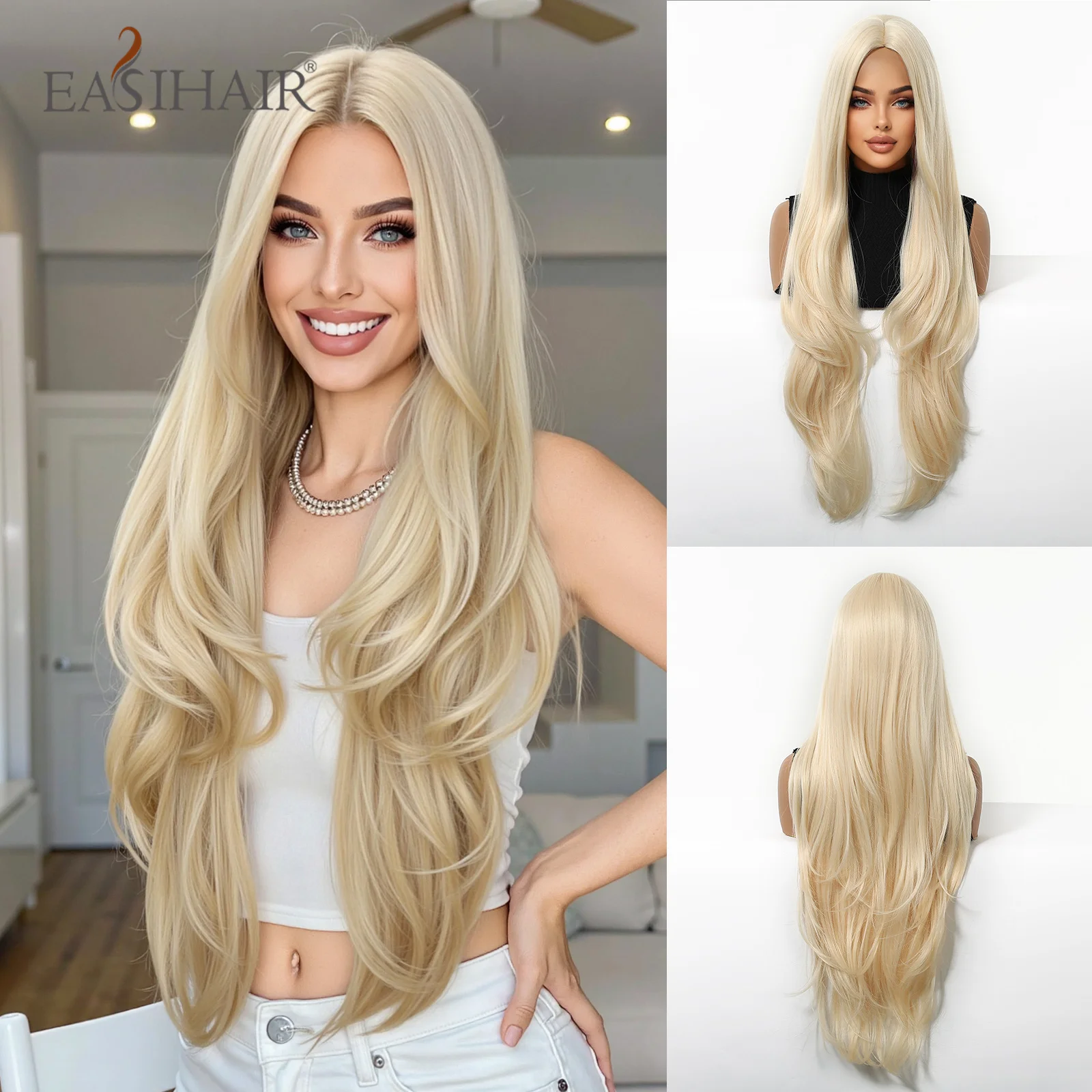 Long Golden Blonde Synthetic Wigs Natural Wavy Hair Wigs for Women Middle Part Golden Cosplay Party Wig Heat Resistant Fake Hair