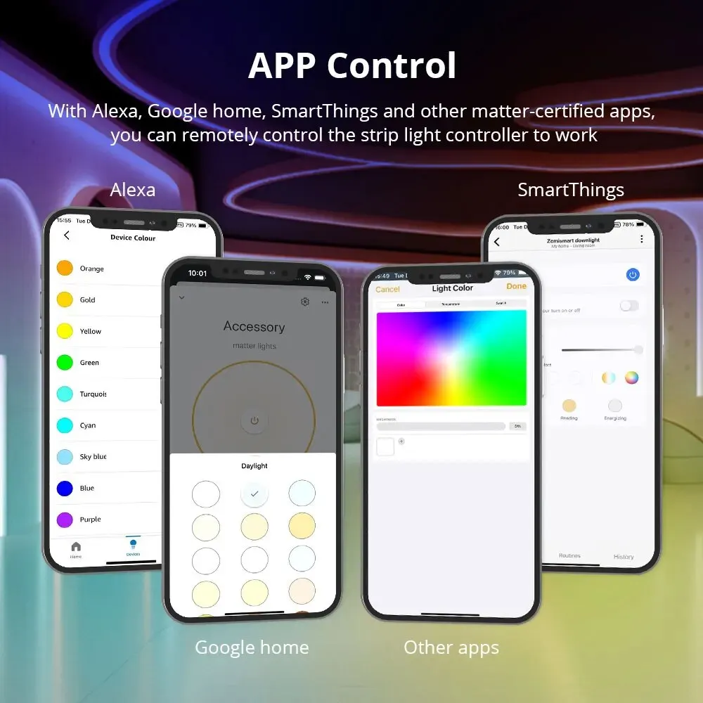 Zemismart Matter Over WiFi Led Strip Light Controller RGBCW Smart Led Driver Support Smartthings Alexa Google Home App Control