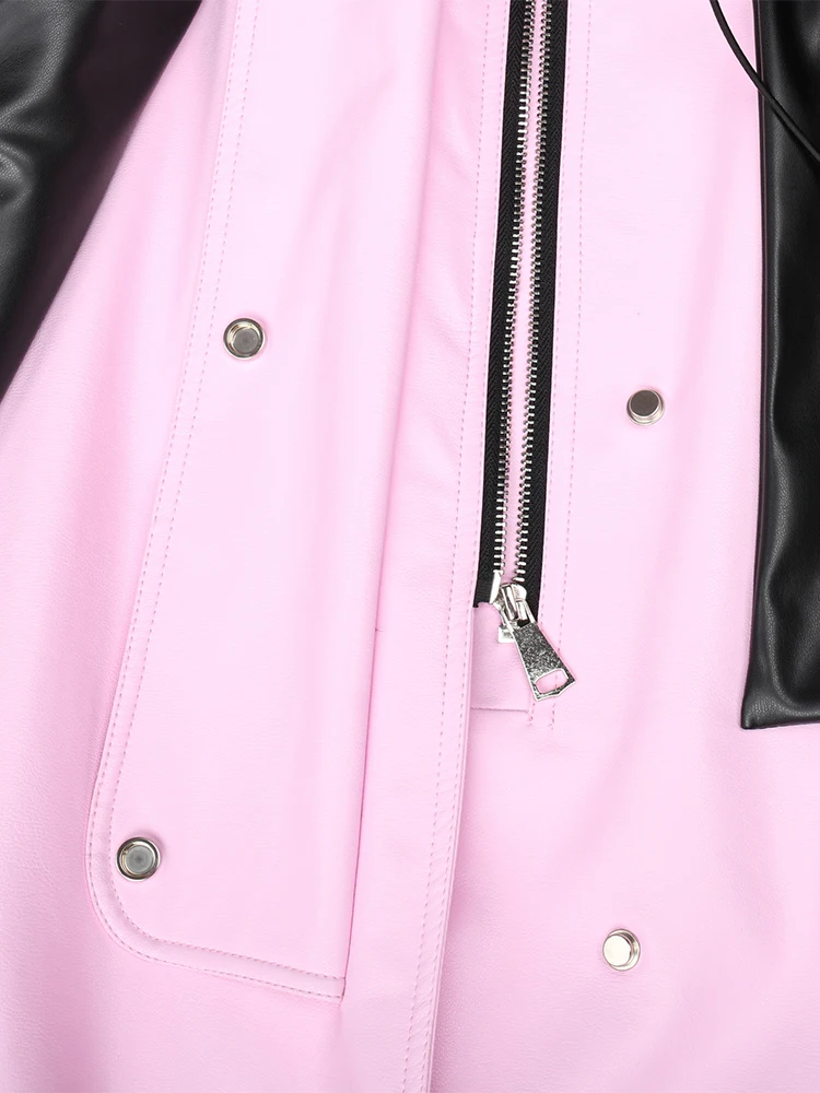 Nerazzurri Spring Autumn Long Oversized Pink and Black Color Block Pu Leather Trench Coat for Women Luxury Designer Clothes 2024