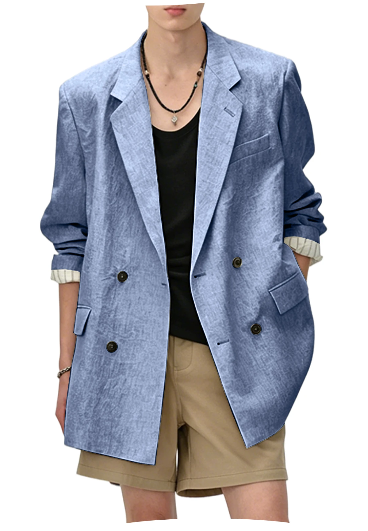 Men's Linen Blend Blazer Breathable Double Breasted Notch Lapel Casual Suit Jacket For Spring Summer Wedding Party