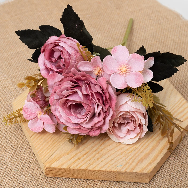 Autumn Retro Artificial Silk Roses Bridal Bouquet Hydrangea Peony Fake Flowers Home Wedding Christmas Decoration Accessories