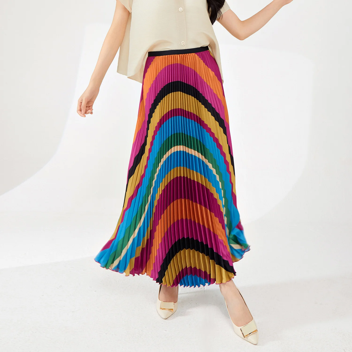 Women's Personalized Stretch Woven A-Line Skirt Breathable and Casual Elastic Waist with Pleats and Colorful Prints