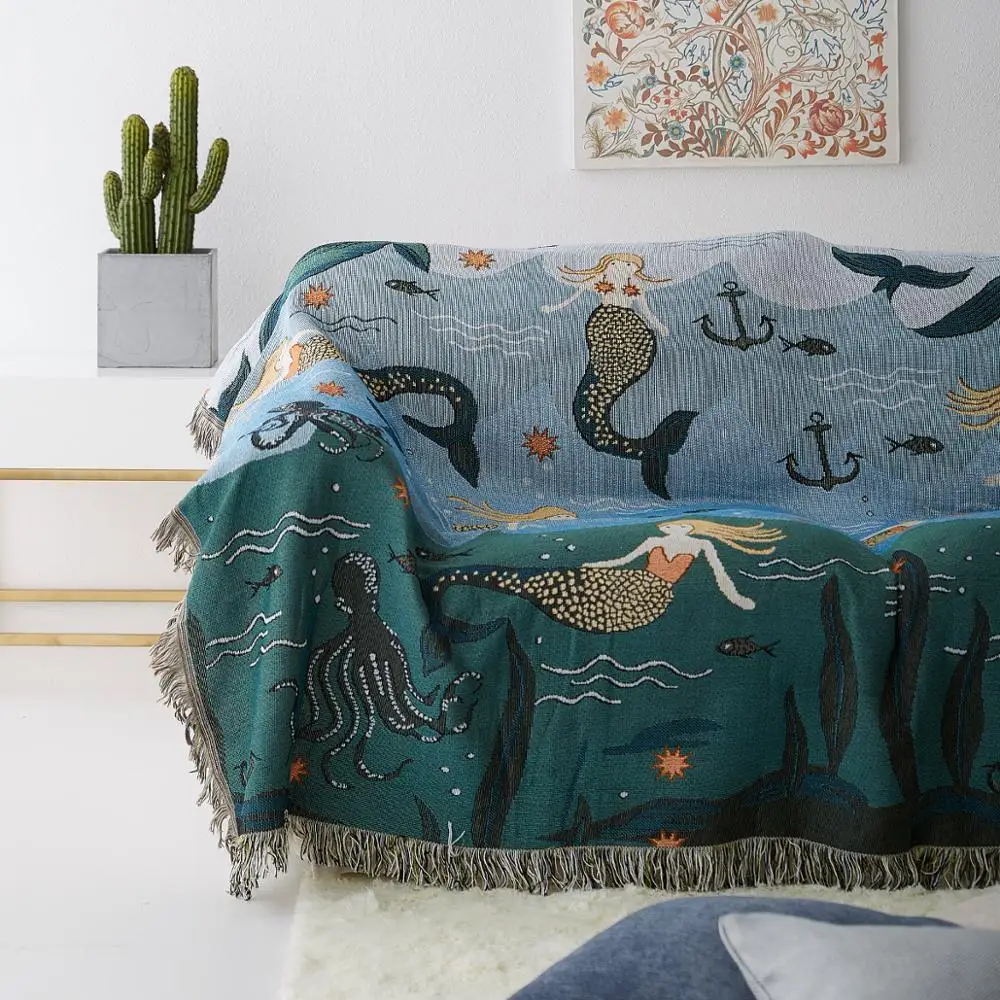 Mermaid Knitted Blanket for Babies Breathable Cotton Thread Non-slip Fabric Sofa Cover Full Cover Towel Room Decor Wall Hanging