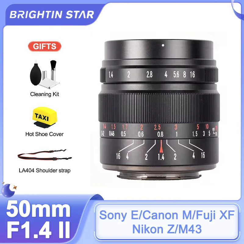 

Brightin Star 50 мм F1.4 II APS-C Prime ручной объектив с большой диафрагмой для Sony E Fuji XF Olympus Panasonic M4/3 Canon EOS M Nikon Z