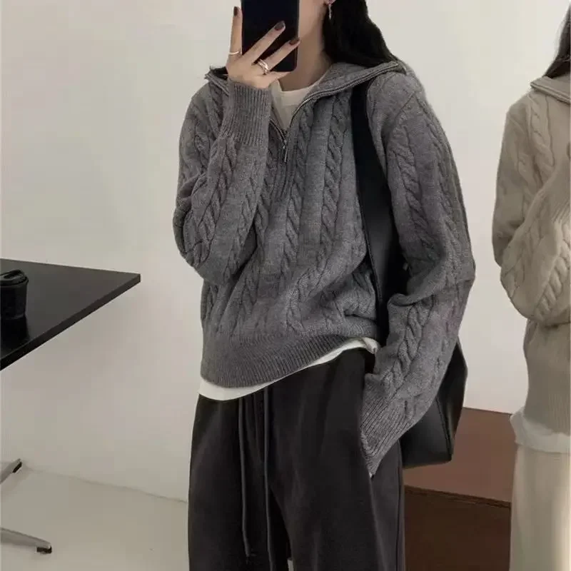 

Autumn Oversize Knitted Sweater Women 2023 New Vintage Pullover Baggy Long Sleeve Zipper Sweaters Lady Half High Collar Korean