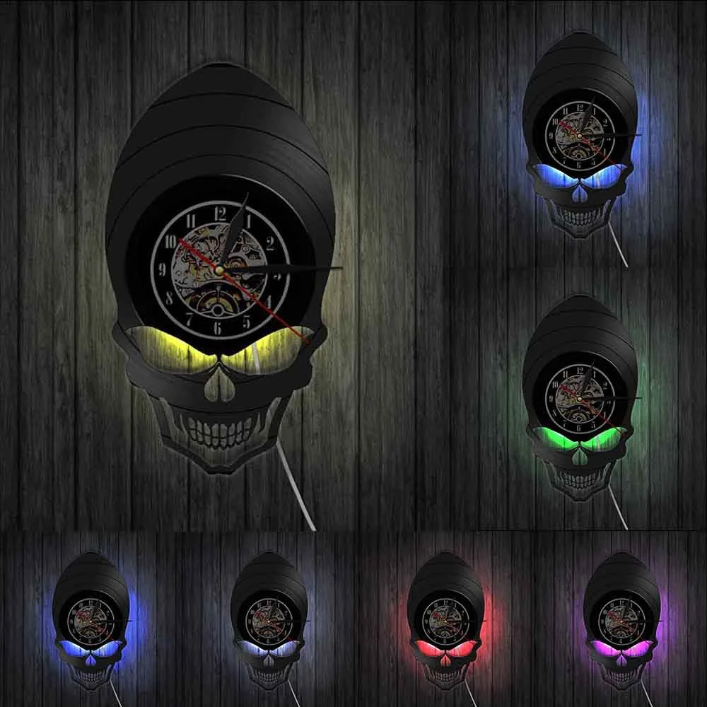 Gothic Skull Wall Clock Vinyl Record Skeleton Head Silent Vintage Watch Rock Punk Home Bar Halloween Decor Gift