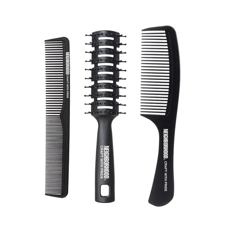 Neighborhood NBHD 3-piece set, 9-row comb, rib comb, oil head, hair styling, blackened comb for men