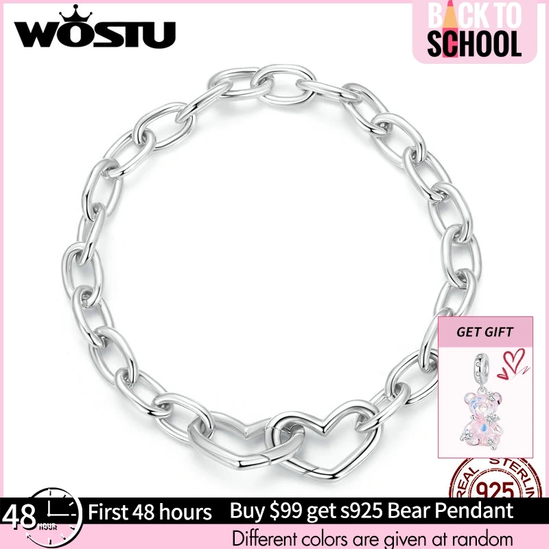 

WOSTU 925 Sterling Silver Double Hearts Chain Bangle Bracelet Fit Charm Beads Basic Opening Bracelet Wristband Jewelry Gift