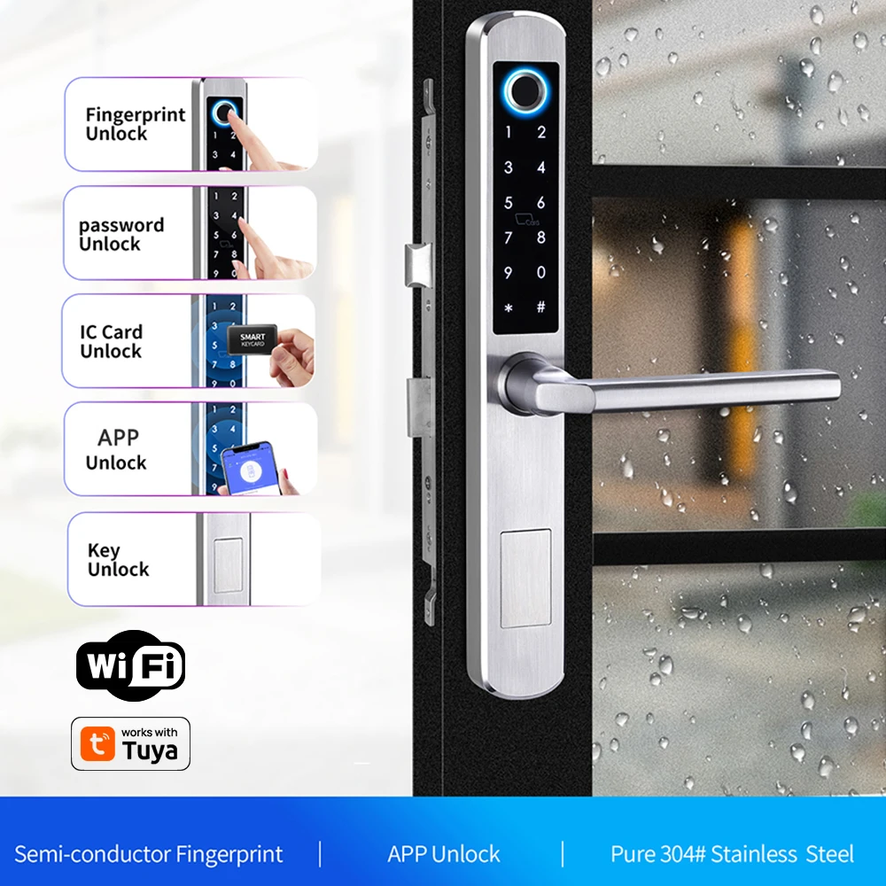 WiFi Smart Lock for Aluminum Hinged Doors Works with Tuya App Fingerprint Password IC Card Key Unlock Electronic Security Lock