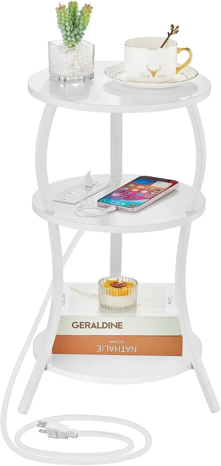

Compact Round Side Table with Charging Station, 3-Tier Storage Shelf for Living Room Bedroom, White