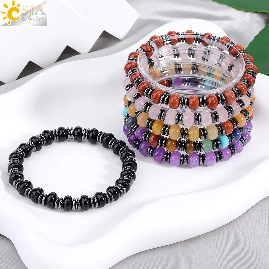 CSJA Natural Stone Hematite Protection Bracelet Yoga 7 Chakra Energy Tiger eye Amazonite Bracelets Jewelry for Women H648