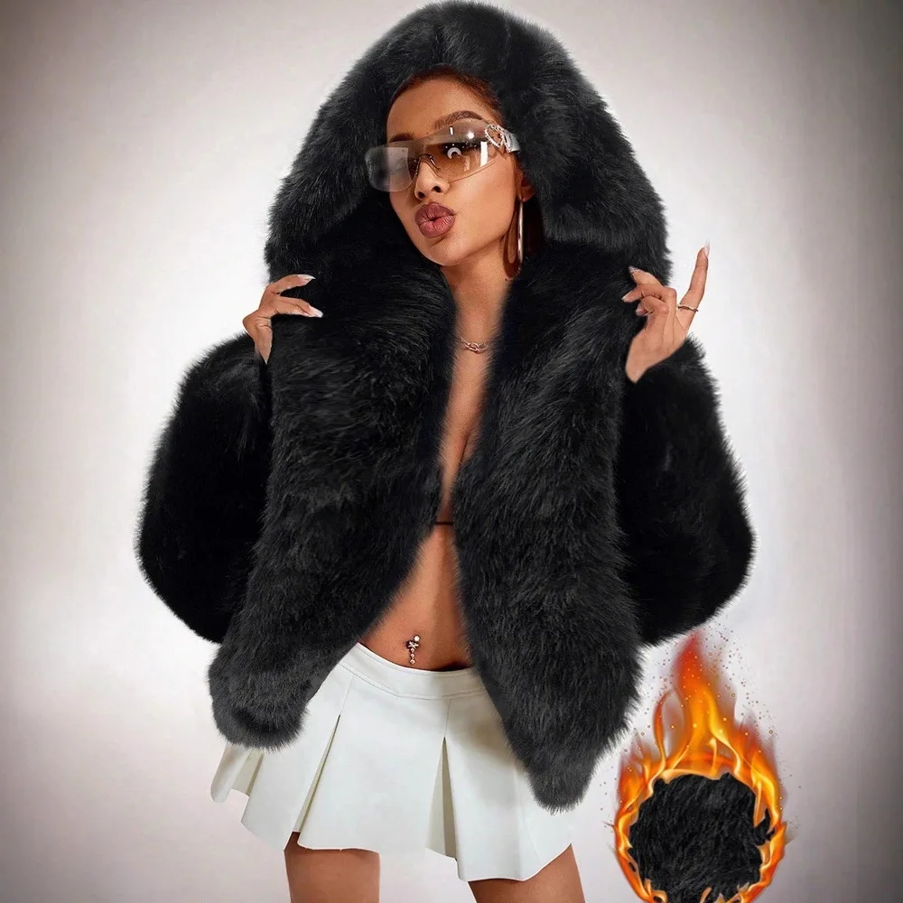 Women Faux Fur Coat Solid Jacket Hooded Long Sleeve Open Stitch Loose Fit Thick Warm Fur Office Lady Casual 2025 Autumn Winter