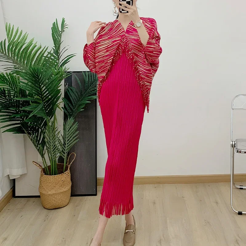 

Miyake 2025 Summer New Evening Gowns Evening Wear Elegant Women's Clothing Pleated Splicing Tassel Dress Splicing V-neck Loose