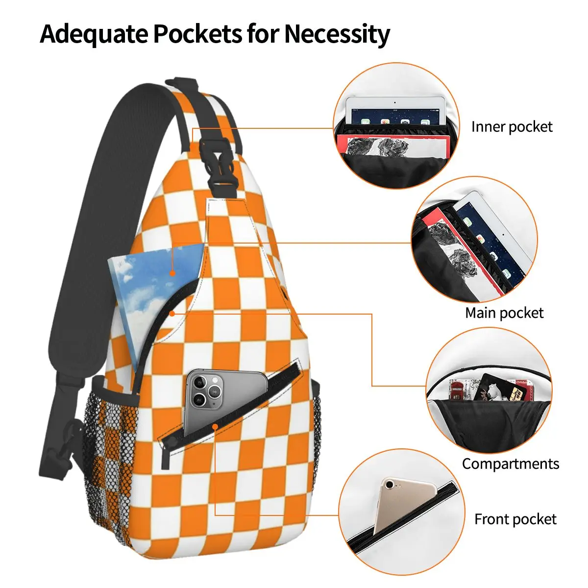 Orange White Checkered Pattern Chest Bag Men Sling Crossbody Backpack Chest Bag Traveling Hiking Daypack Shoulder Bag