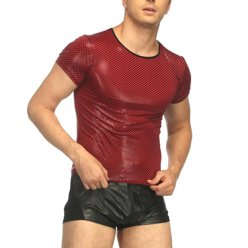 طاقم الرقبة تي شيرت بلايز سترة العضلات زي ملهى ليلي ارتداء كلوبوير حفلة قصيرة الأكمام سليم صالح براءات الاختراع والجلود