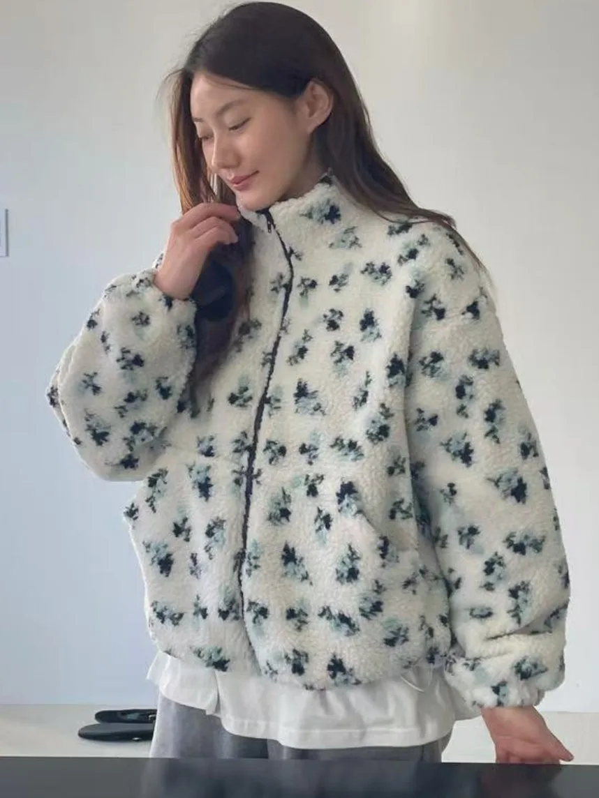 Korean Style Winter Thickened Cotton Jacket Women's Loose Versatile Hoodie Cotton Coat Floral Embroidery Lined Sheepskin Leather
