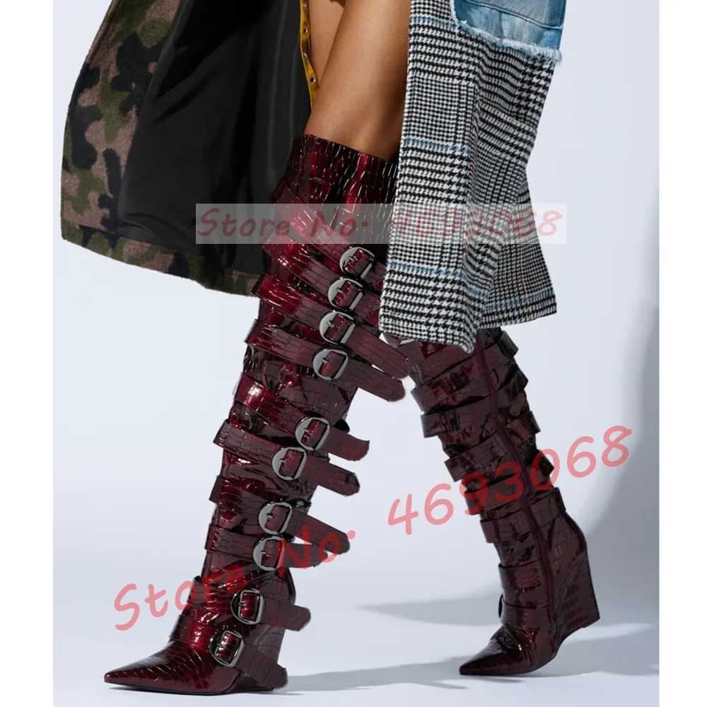 Burgundy Patent Leather Wedge Long Boots Women Sexy Multi Belt Buckle Pointed Toe Shoes Metal Decor Winter New Over Knee Boots