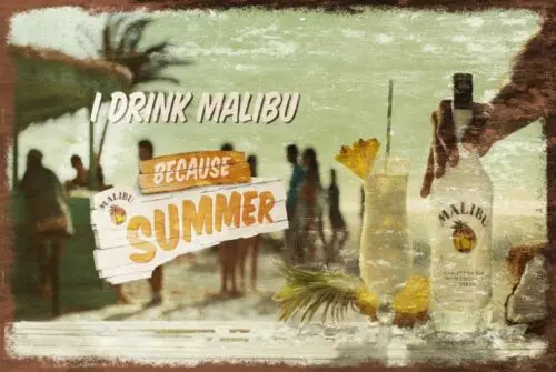 Malibu Summer White Rum Advert Vintage Retro Style Metal Sign, Bar Pub Mancave