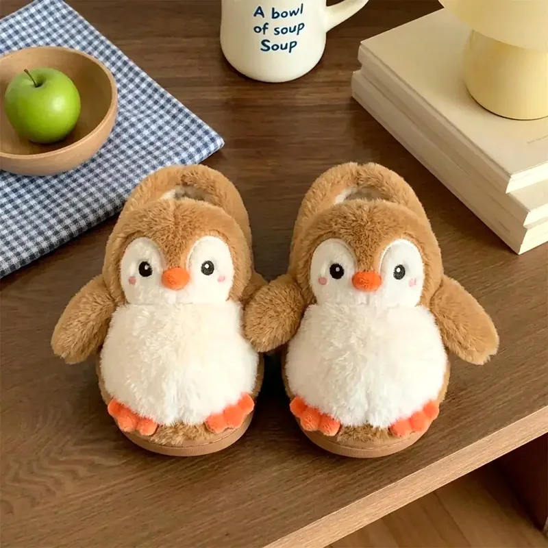 Boys' Girls' Cotton Slippers Winter Children Cartoon Penguin Plush Slippers Kids Indoor Non Slip Warm Velvet Home Slippers