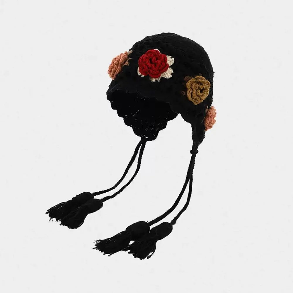 

Sweet Tassels Crochet Knitted Hat Bohemian Style Handmade Knit Cap Hollow Out Korean Ethnic Style Hat Girls