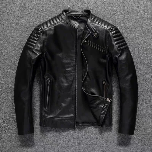 Imagen 1 del producto Traje de motocicleta de cuero de vaca puro para hombre, chaqueta de ciclismo ajustada, cuello alto, Chaqueta corta negra