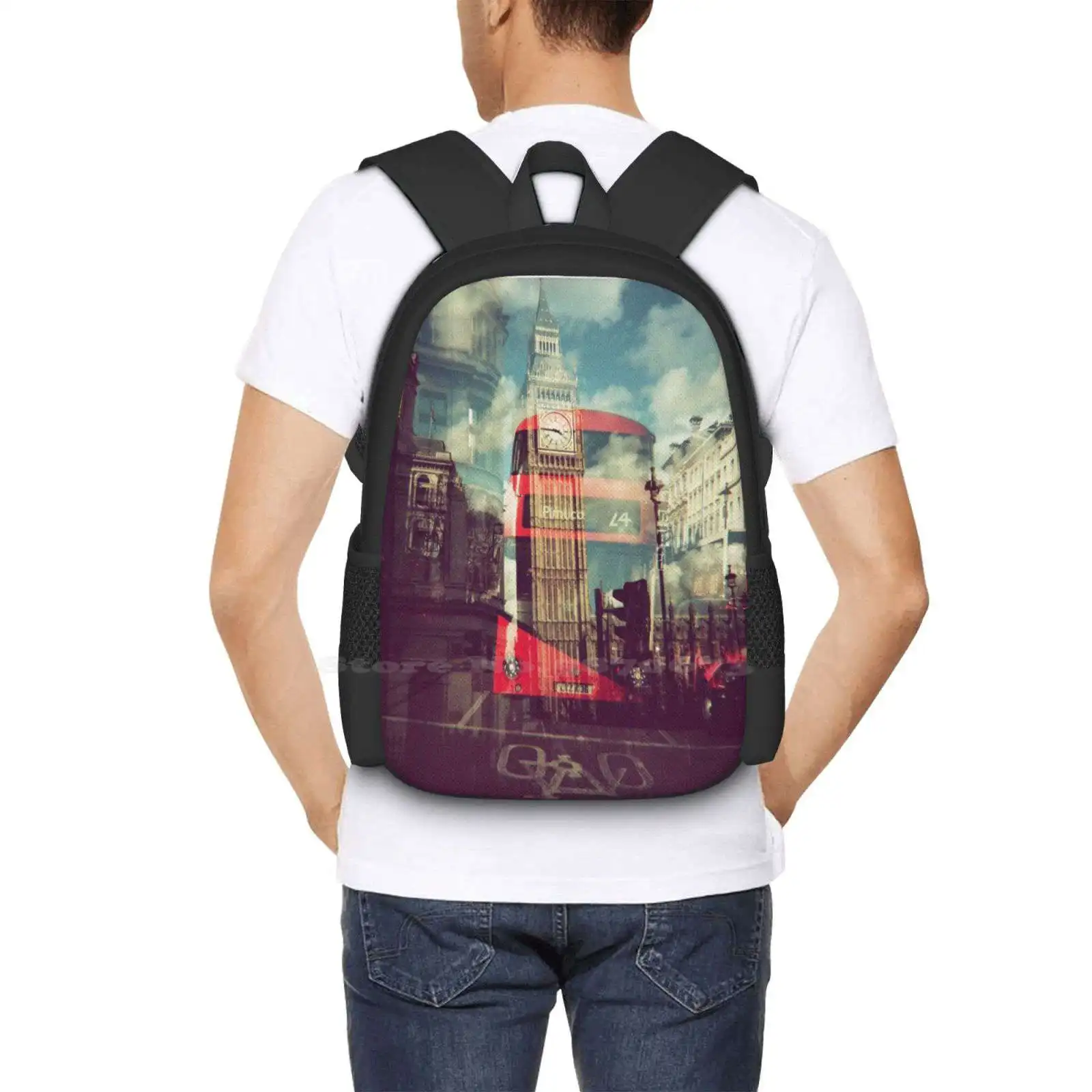 Nowhere Like London ของมาใหม่ unisex bags กระเป๋าสะพายนักเรียน London England Film Holga Double Exposure Big Ben BUS Double