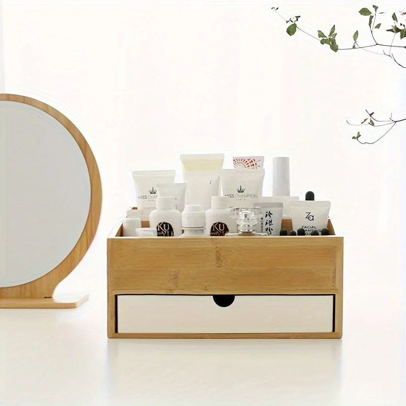Bambus-Make-up-Organizer mit Schubladen – 3-stöckige Schmuck- und Kosmetik-Aufbewahrungsbox mit mehreren Fächern, Kosmetik-Organizer aus Naturholz