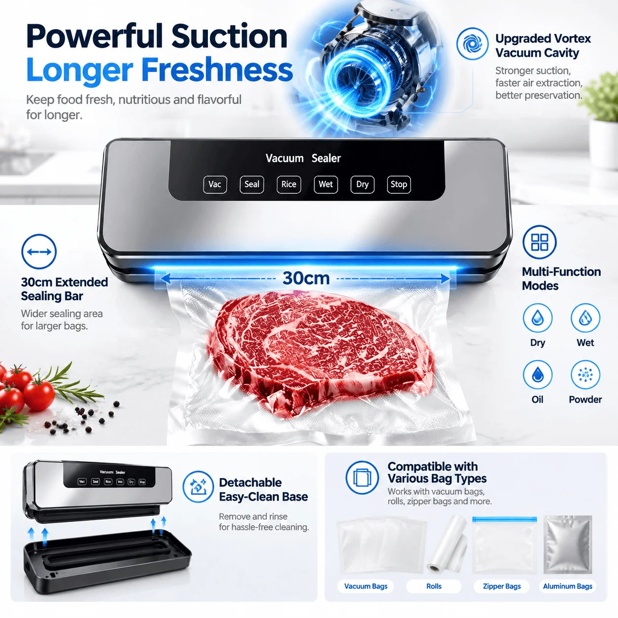 Electric Food Vacuum Sealer Machine Automatic Food Saver Equipment 65kPa Suction Power Dry Wet Oil Powder Functional Modes Household Kitchen Appliance for Meat Vegetable Fruit Storage Packaging Freshness