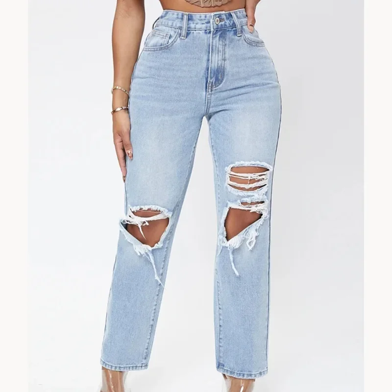 Women Mom Jeans Pant Long Pants Hollow Out Blue Elegant High Waist Pencil Elegant Wide Leg Streetwear Y2k Denim Trousers 2024