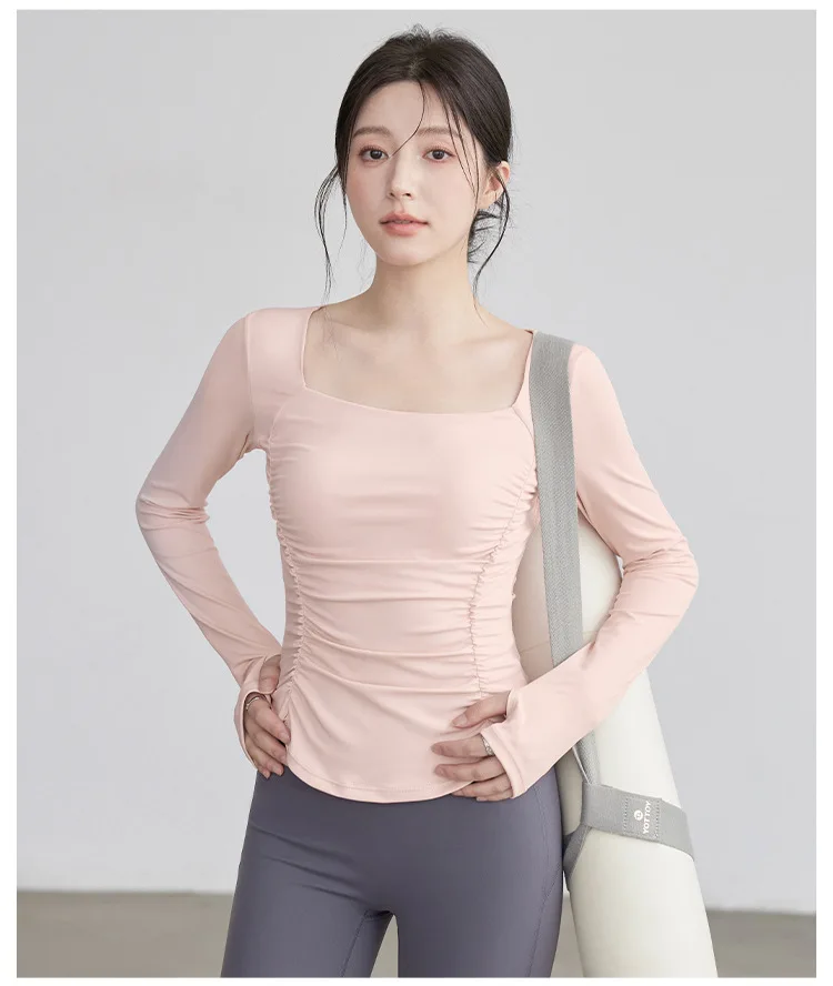 Neues Langarm-Fitness-Oberteil mit Rücken-Schlank-Effekt, Plissierter Taille, Elastischem Brustpolster, Yoga-Pilates-Fitness-Top, Schlankheitskleidung – Detail 3