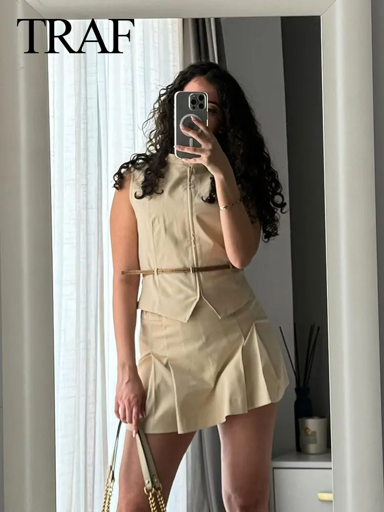 TRAF 2024 Woman Elegant 2 Piece Set Vintage Solid Chic Belt Sleeveless Vest + Female Slim Zipper Mini Wide Pleats Skirt Shorts