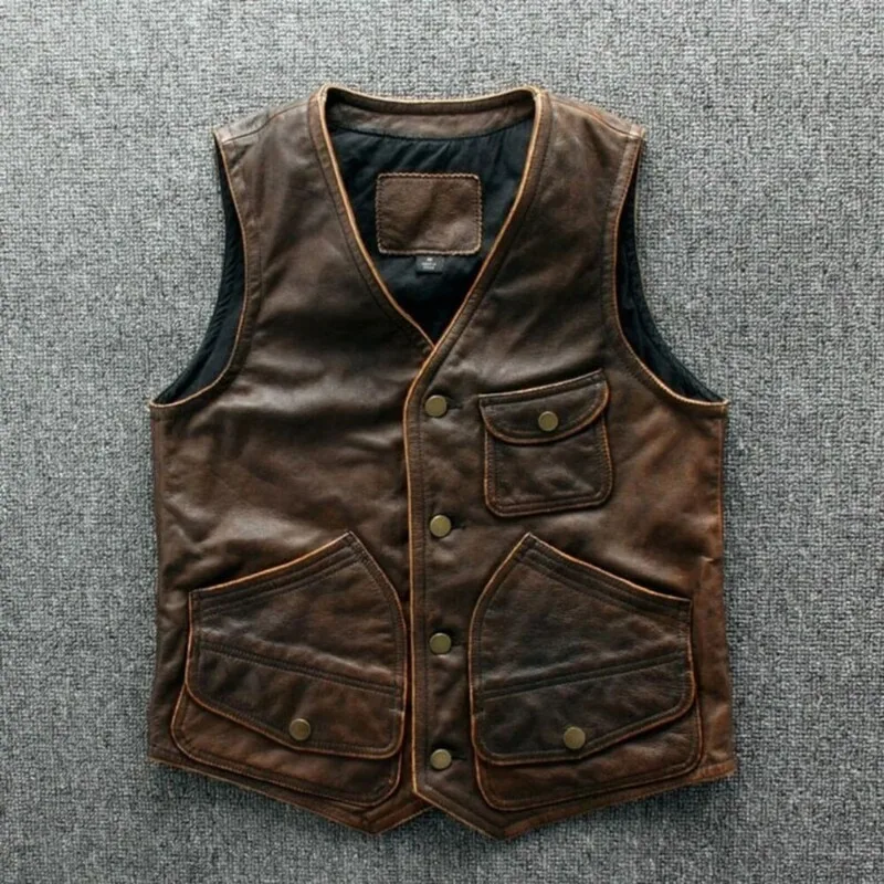 Leather Biker Vest Men's Brown Distressed Leather Slim Fit Biker Vest European and American Fashion Trends