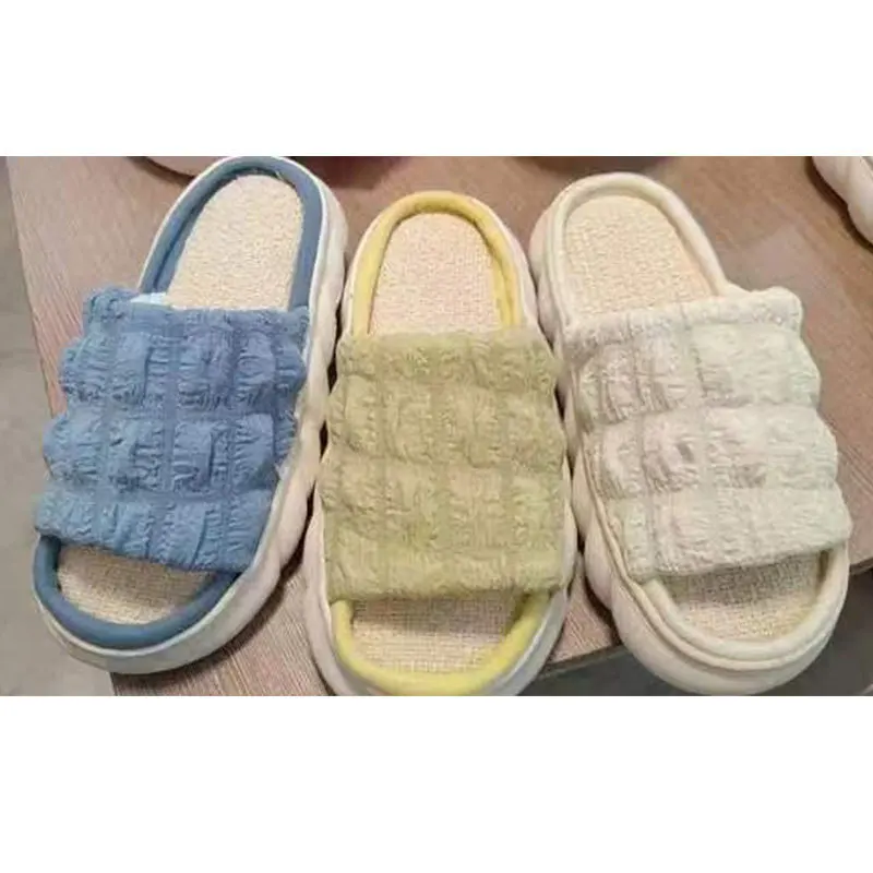 Sandal Linen dengan empat musim sol tebal kain rumah sandal keren pasangan dalam ruangan injakan kotoran katun Linen sandal