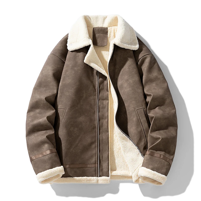 

Осенне-зимняя куртка из искусственной замши из овечьей шерсти, винтажное пальто с лацканами в рабочем стиле, на флисовой подкладке и утолщенная для тепла, топ на молнии, текстурированная замша, подкладка из овечьей шерсти, модный и универсальный осенне-зи
