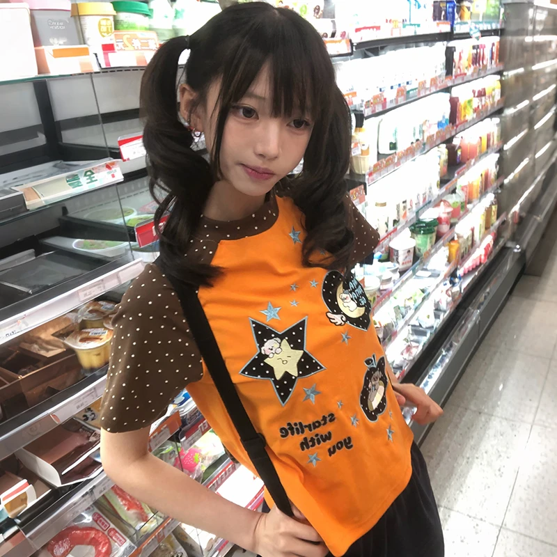 Karrram Japanese Y2k Cartoon Embroidered T-shirt 2000s Cutrecore Short Sleeve Tee Shirt Vintage Harajuku Patchwork Tops American