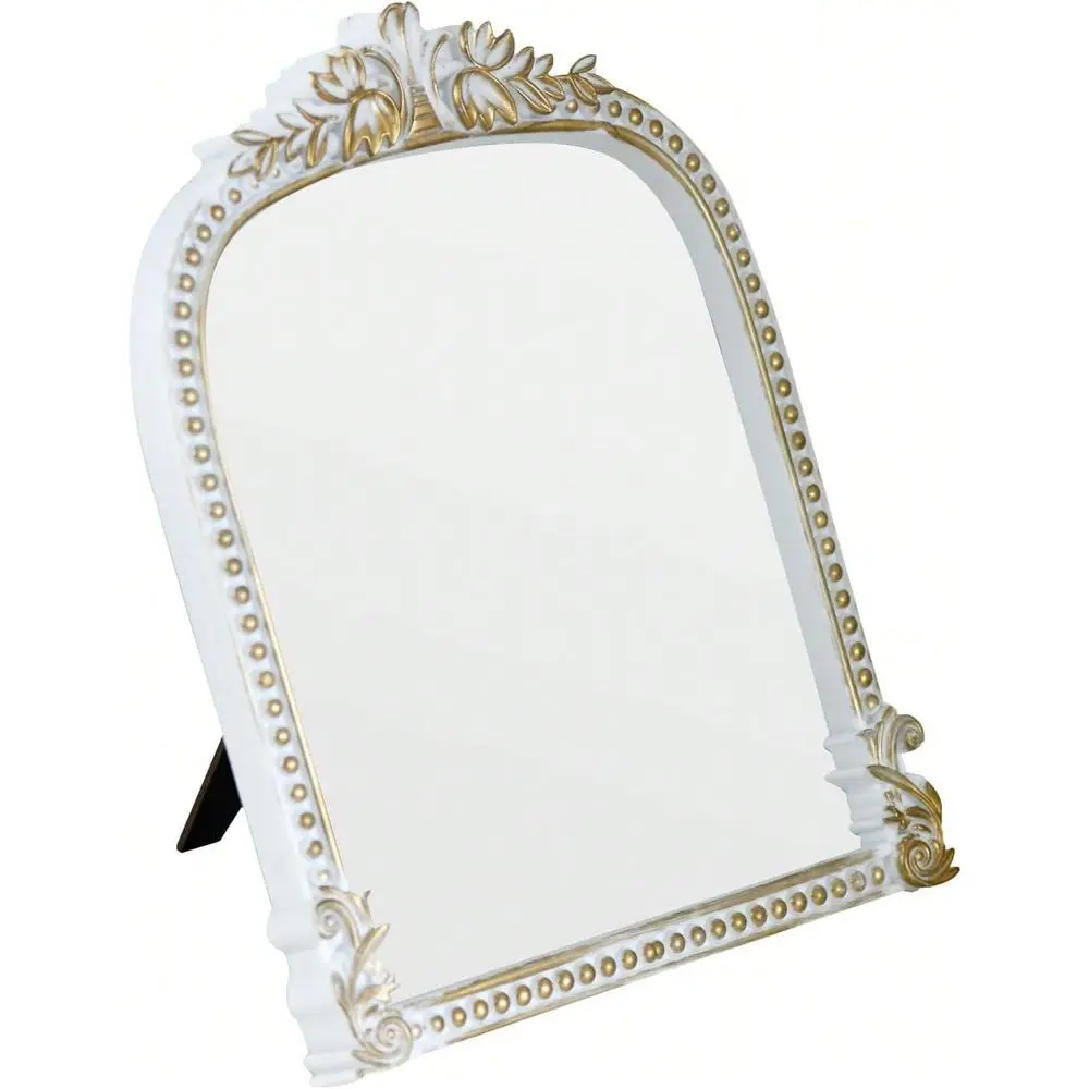 

Antique White Plastic Arched Makeup Mirror, Standing, Hanging Or Wall Mount, Bathroom, Living Room, Bedroom White And Gold Deco