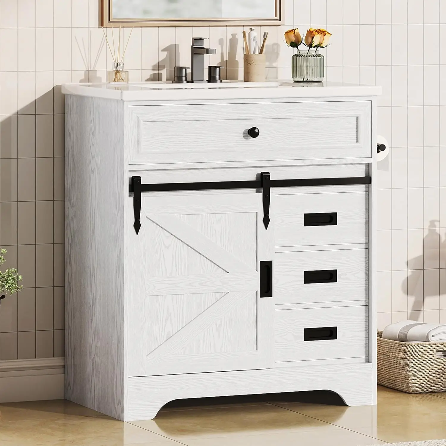 

30" Bathroom Vanity Sink Farmhouse Cabinet Flip Drawer Barn Door Freestanding Metal Handle White Customized