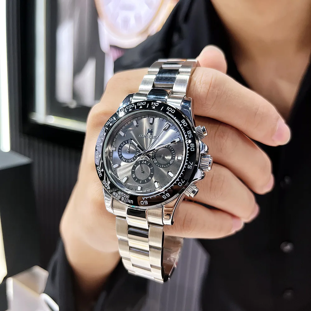 Stainless Steel New Solid Steel Band Rotating Bezel Luminous Skeleton Waterproof Self-Wind Automatic Watch for Men